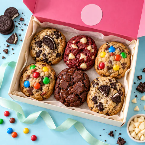 Box gourmet ouverte, cookies Oreo et red velvet